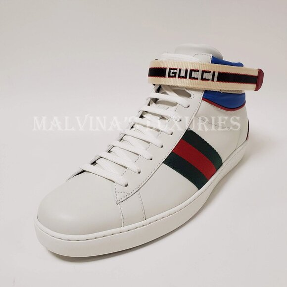 GUCCI SNEAKERS MENS ACE LOGO STRIPE WEB SNAKE BACK HITOP SHOES 6.5G / US 7 - Picture 6 of 13